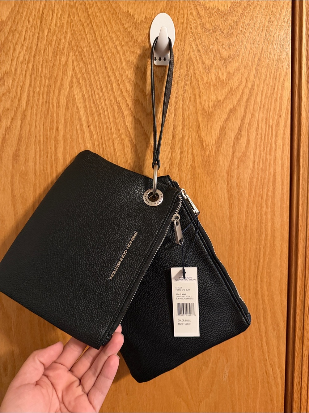 French Connection Black Double Zip Wristlet with Wrist Strap